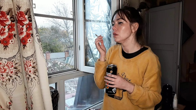 stepsister smokes a cigarette and drinks alcohol