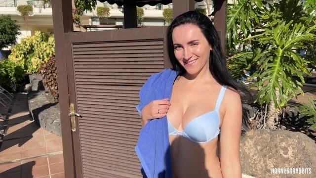 Risky public sex in a beach changing cabin.We've been caught