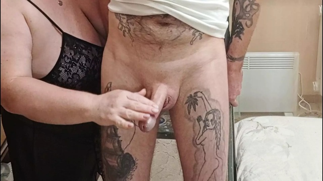 mother-in-law jerks off my dick and watches me cum while my wife sleeps close up